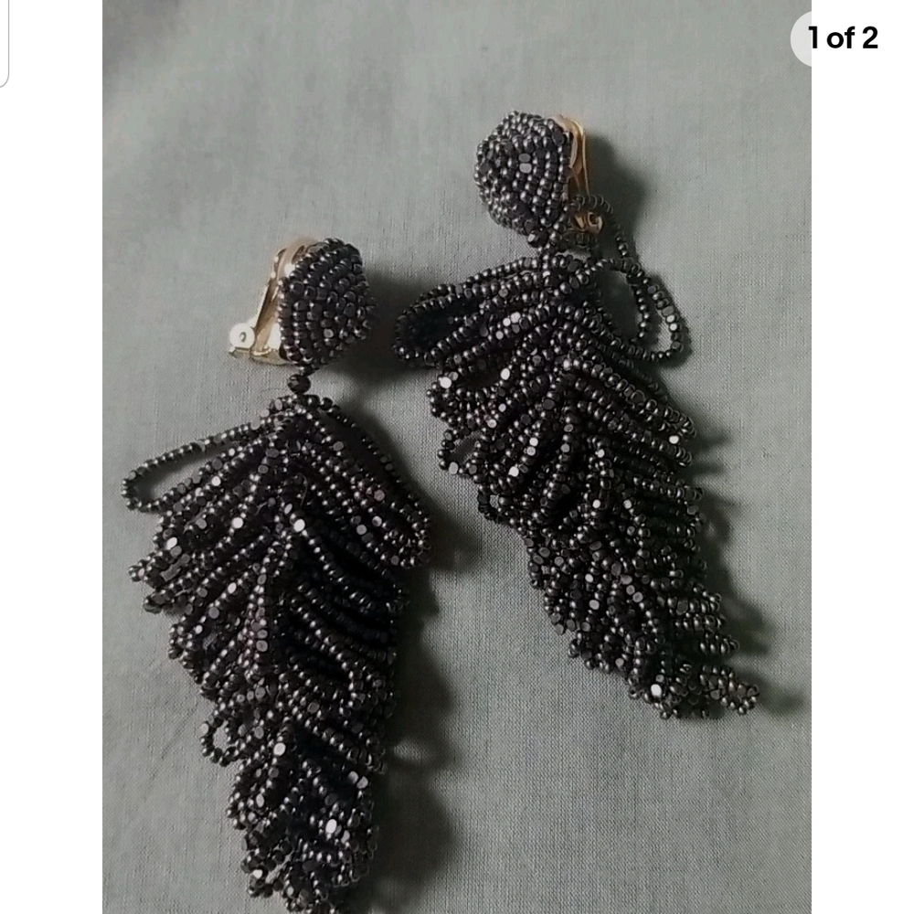 Sachin + Babi Black Beaded Leaf Drop Earrings  In Gunmetal Color